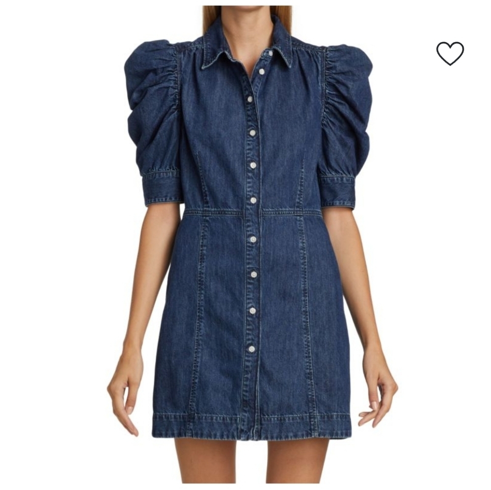 Frame Denim Dark Blue Puff Sleeve Denim Mini Dress